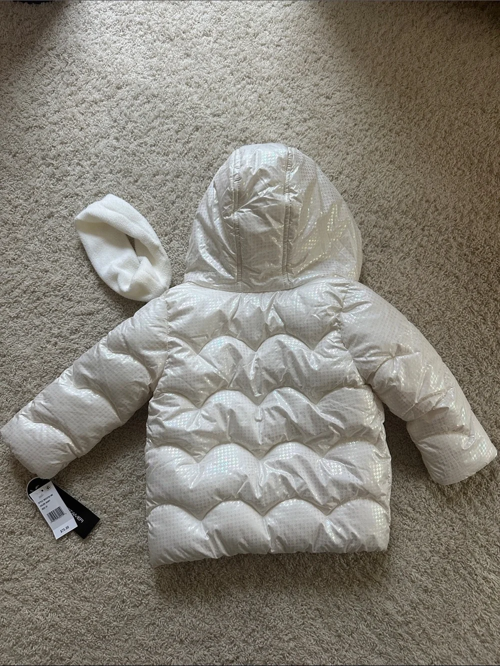 Girls' Shimmery Cream Hooded Puffer Jacket with Matching Headband